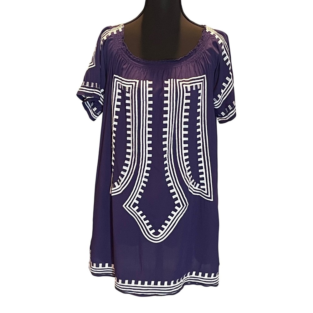 Cotton Embroidered Boho Peasant Tunic Top Short Sleeve Smocked NeckFlowy Hippie